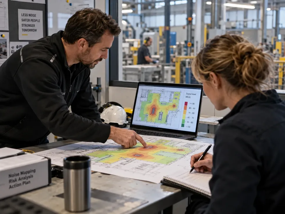 Professionnels consultant une carte de bruit industriel