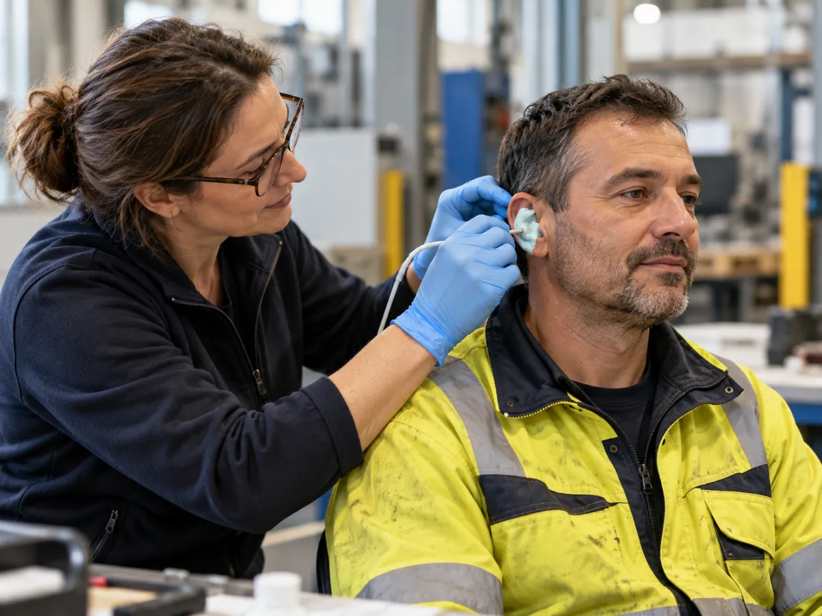 Professionnel équipé de protections auditives dans son environnement de travail