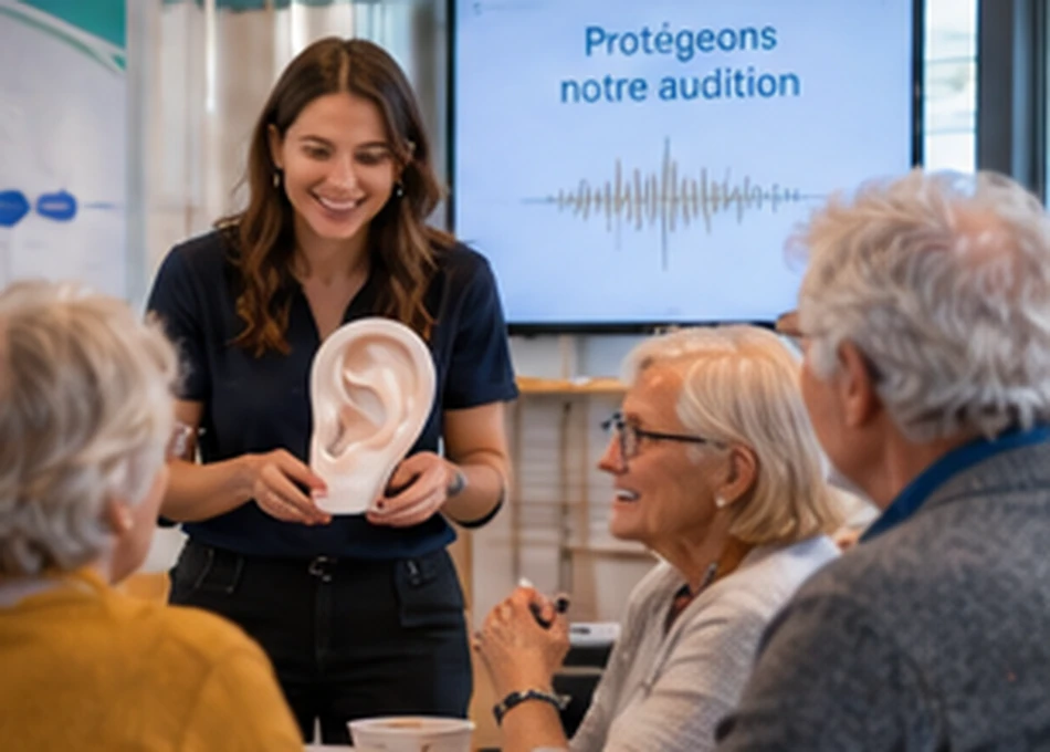 Atelier ludique de sensibilisation auditive réunissant une animatrice et plusieurs seniors